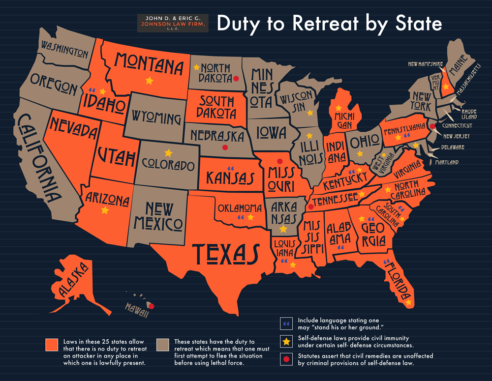infographic demonstrating USA states where duty of retreat applies