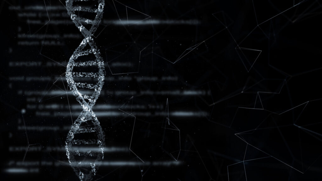 Dna structure on science screen with code background