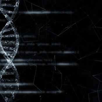 Dna structure on science screen with code background